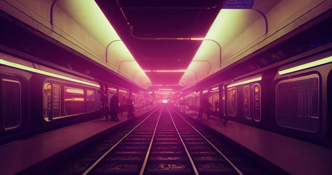 Cyberpunk subway With neon backlight contours. Retro wave style. Concept art, Digital painting.